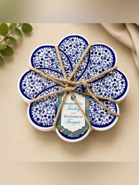 4pc Handcrafted Turkish Ceramic Boho Blue Floral Coasters with Evil Eye Charm